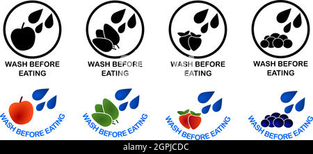 Wash before eating set of symbols. Black and color version sign, drops of water falling on apple, green leaves, strawberries and blueberries. Stock Vector