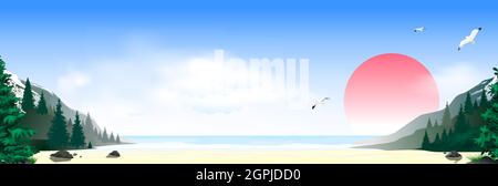 Sea beach mountains pines sun Stock Vector