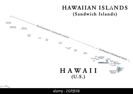 Hawaiian Islands, Sandwich Islands, gray political map Stock Vector