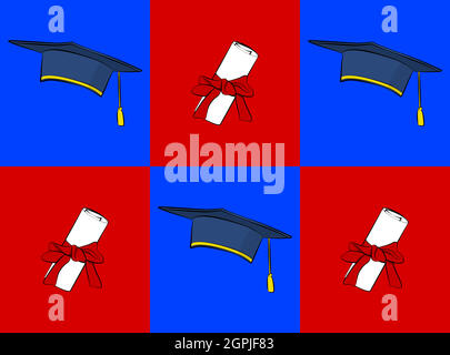 Comic book style graduation cap and diploma. Education. Stock Vector