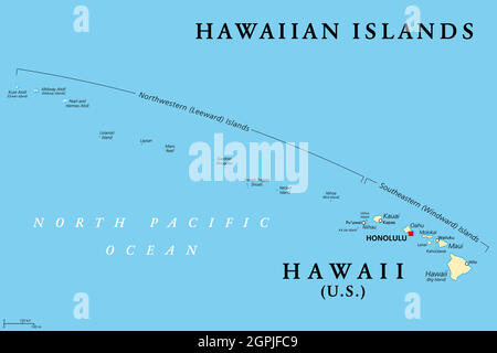 Hawaiian Islands, political map, the state of Hawaii and Midway Island Stock Vector