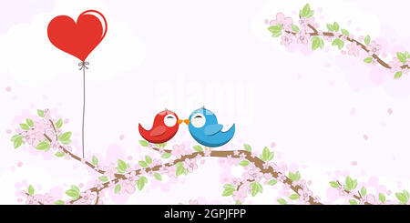 Birds in love on blossom branches Stock Vector