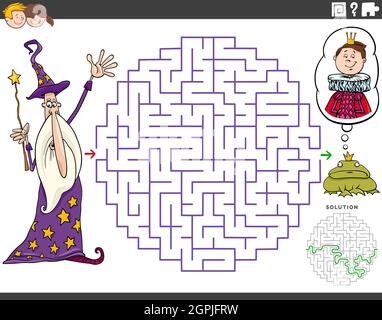 maze educational game with cartoon wizard and frog prince Stock Vector