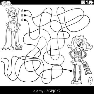 line maze with cartoon kids at costume party coloring book page Stock Vector