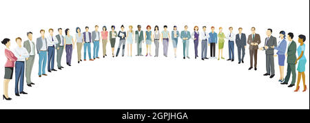 Group of people form a semicircle and discuss with each other Stock Vector