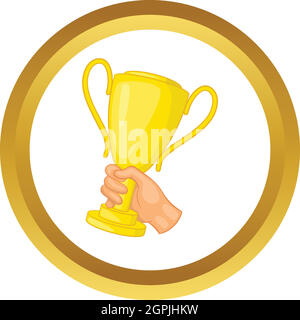 Hand holding gold trophy cup vector icon Stock Vector