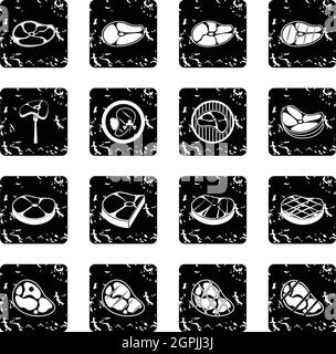 Steak set icons, grunge style Stock Vector