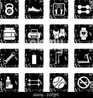 Gym set icons, grunge style Stock Vector