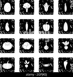 Vegetables set icons, grunge style Stock Vector