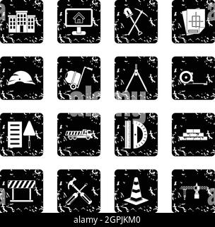 Construction set icons, grunge style Stock Vector