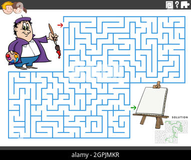 maze educational game with cartoon painter and easel Stock Vector