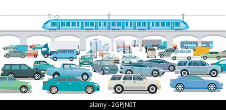 Cars on the intersection with the express train Stock Vector