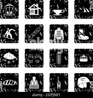 Snowboarding set icons, grunge style Stock Vector