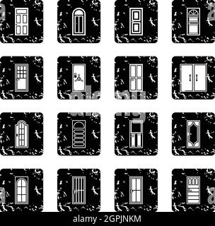 Door set icons, grunge style Stock Vector
