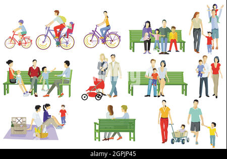 Set of Children with parents in nature outdoors at leisure Stock Vector