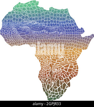 Color map of Africa continent with crocodile and giraffe background Stock Vector