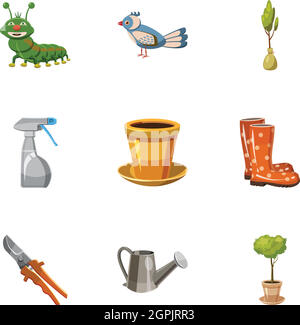 Garden icons set, cartoon style Stock Vector