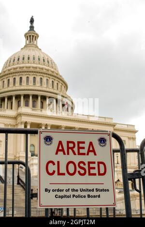 Fencing with signs declaring the area closed by order of the United States Capitol Police Board outside the US Capitol in Washington DC Stock Photo