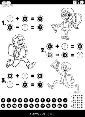 math addition and subtraction task with kids color book page Stock Vector