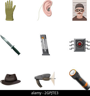 Detective icons set, cartoon style Stock Vector