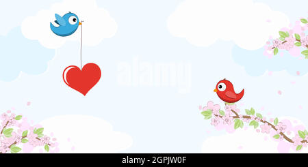 Birds in love on blossom branches Stock Vector
