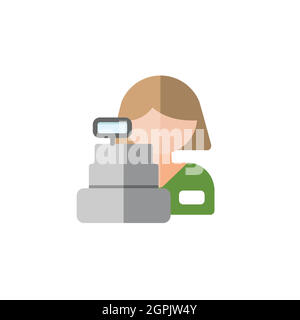 Female supermarket cashier. Woman and a cash register. Flat color icon. Commerce vector illustration Stock Vector