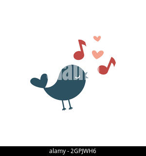 Cute bird with music notes and hearts cartoon Stock Vector