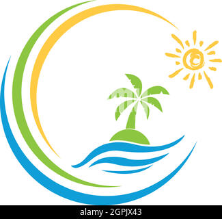 Island, sun, palm tree, tropical island, logo, background Stock Vector