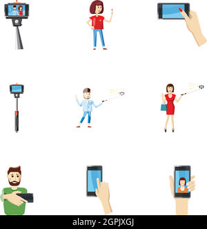 Shooting on cell phone icons set, cartoon style Stock Vector