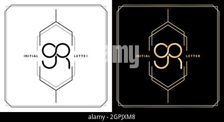 GR initial letter and graphic name, GR Monogram infinity model with hexagonal frames, for Wedding couple name, with two color variation designs gold and monochrome with isolated black white background Stock Vector