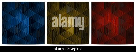 Set of abstract geometric pattern polygonal shape overlapping dark background with blue,gold and red Stock Vector