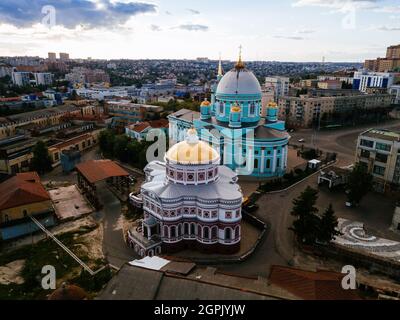 Evening summer Kursk, Znamensky Cathedral and Resurrection church, aerial drone view Stock Photo