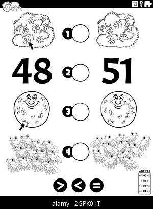 greater less or equal task for kids coloring book page Stock Vector