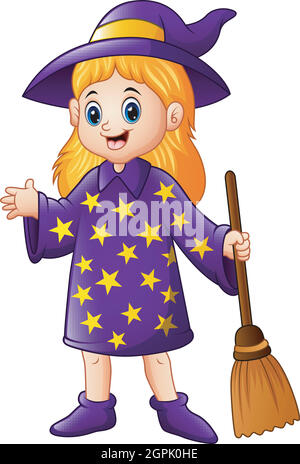 Cartoon little witch holding broomstick Stock Vector