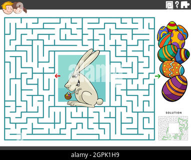 maze educational game with cartoon Easter bunny and eggs Stock Vector