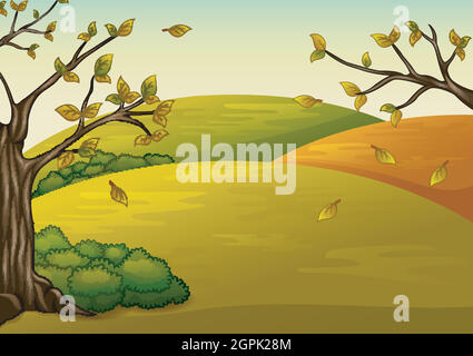 Beautiful autumn landscape and falling leaves Stock Vector