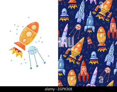 Set of card and pattern with cartoon contour space ships and satellite. Outline technological ships. Vector childish postcard and texture of space shu Stock Vector