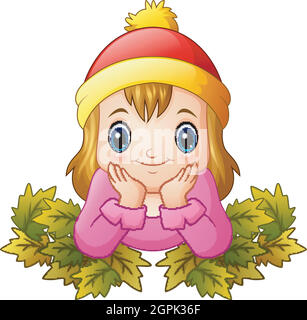 Vector illustration of Little happy girl with autumn leaves Stock Vector