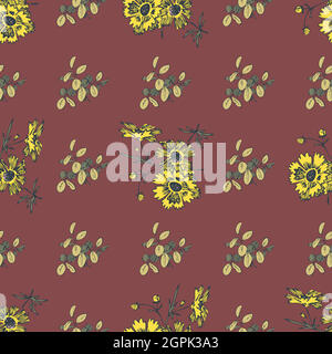 Hand drawn flowers daisy, leaves seamless pattern abstract background wallpaper. Line art botanical illustration. Floral wall art vector illustration in trendy color bordo for graphic design, print Stock Vector