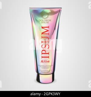 Packing nacre pearl metallic 3d realistic Tube for Cosmetics Isolated On Light Background. Here Can Be Creams, Toothpaste, Gel, Sauce, Paint, Glue, Lotions, Medicines. Use Mockup for Your Design Stock Vector