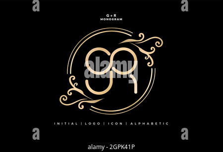 GR monogram infinity model with floral ornament, initial letter and graphic name with golds colors isolated black backgrounds, for insignia, initial letter graphic name, couple name letterpress. Stock Vector