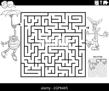 maze game with clowns coloring book page Stock Vector