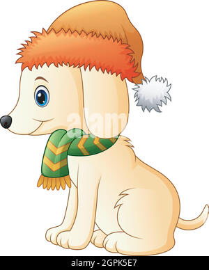 Cartoon dog wearing a scarf and santa hat Stock Vector