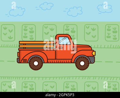 Retro red pickup truck in farm road Stock Vector
