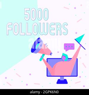Inspiration showing sign 5000 Followers. Word Written on number of individuals who follows someone in Instagram Lady Inside A Monitor Screen Drawing Stock Photo