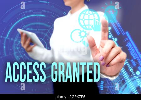 Inspiration showing sign Access Granted. Word Written on admittance of users to system and network resources Lady In Uniform Standing Hold Phone Stock Photo