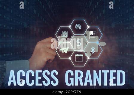 Text caption presenting Access Granted. Business showcase admittance of users to system and network resources Hand Holding Jigsaw Puzzle Piece Stock Photo