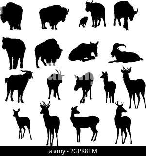 Deer, Yak And Goats Silhouette Set Stock Vector