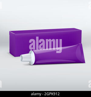 Realistic long purple cardboard box and tube mockup for toothpaste, cosmetics, cream. Packaging collection. Violet Box and tube Design Template You can paint in any color. Vector illustration isolated on white background. Here Can Be Gel, Sauce, Paint, Gl Stock Vector