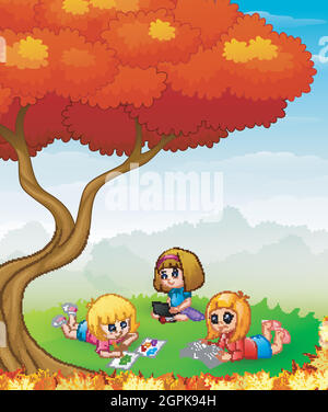 Happy children studying in the autumn trees Stock Vector